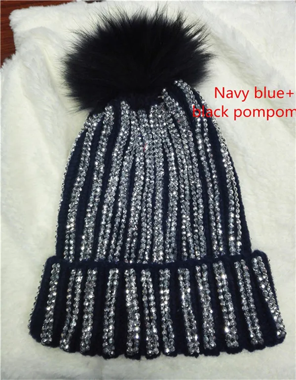 KNB013 съемные зимние теплые меховые шапки с помпонами, вязаные женские шапки ручной работы в полоску со стразами, шапки Skullies Beanie с меховым помпоном 15 см - Цвет: Navy with navy pom