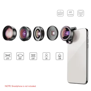 

5in1 Hd Mobile Phone Lens Set- 2x Telephoto Lens Wide Angle 10x Macro Lens 195° Fisheye 110° Wide Angle 170° Super For Iphone