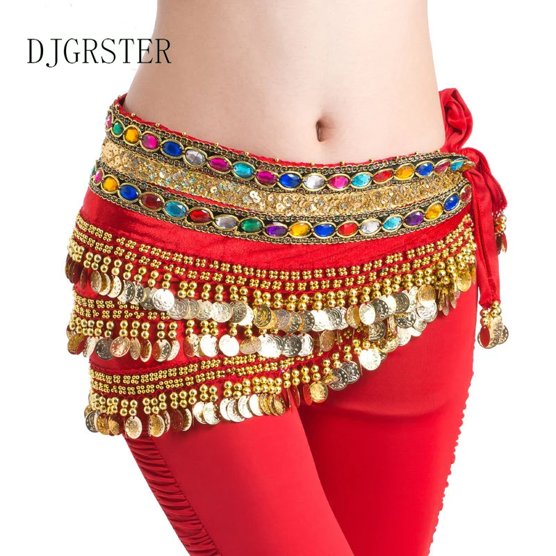 DJGRSTER, новинка, модный шифоновый шарф для танца живота, индийский танец, хип-хоп шарф, 3 ряда, пояс, юбка, шарф, накидка, костюм, 338 золотая цепочка для монет