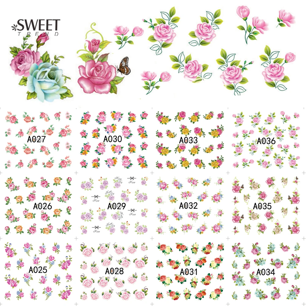 

12Designs Sweet Nail Art Flower Stickers Mixed Pattern Water Transfer Nail Decals Temporary Tattoos Manicure Tool LAA025-036
