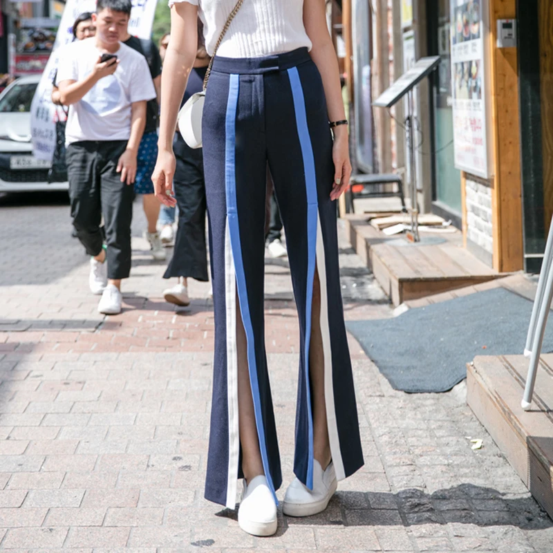Micro cuerno Rayas Mujeres Tenedor Cintura Costura Nuevas Azul Alta De Pantalones Ancha Las Leggings Pierna Moda Lulu Cuero 2017 Mujer Distancia 8q6xvS7wO
