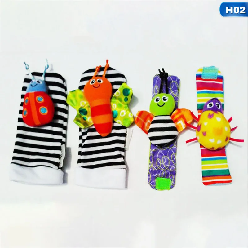 Комплект из 4 предметов, Разноцветные носки в полоску для малышей, Погремушки для новорожденных Божья коровка, хлопковые носки, погремушка для ног, детские развивающие игрушки - Цвет: H02
