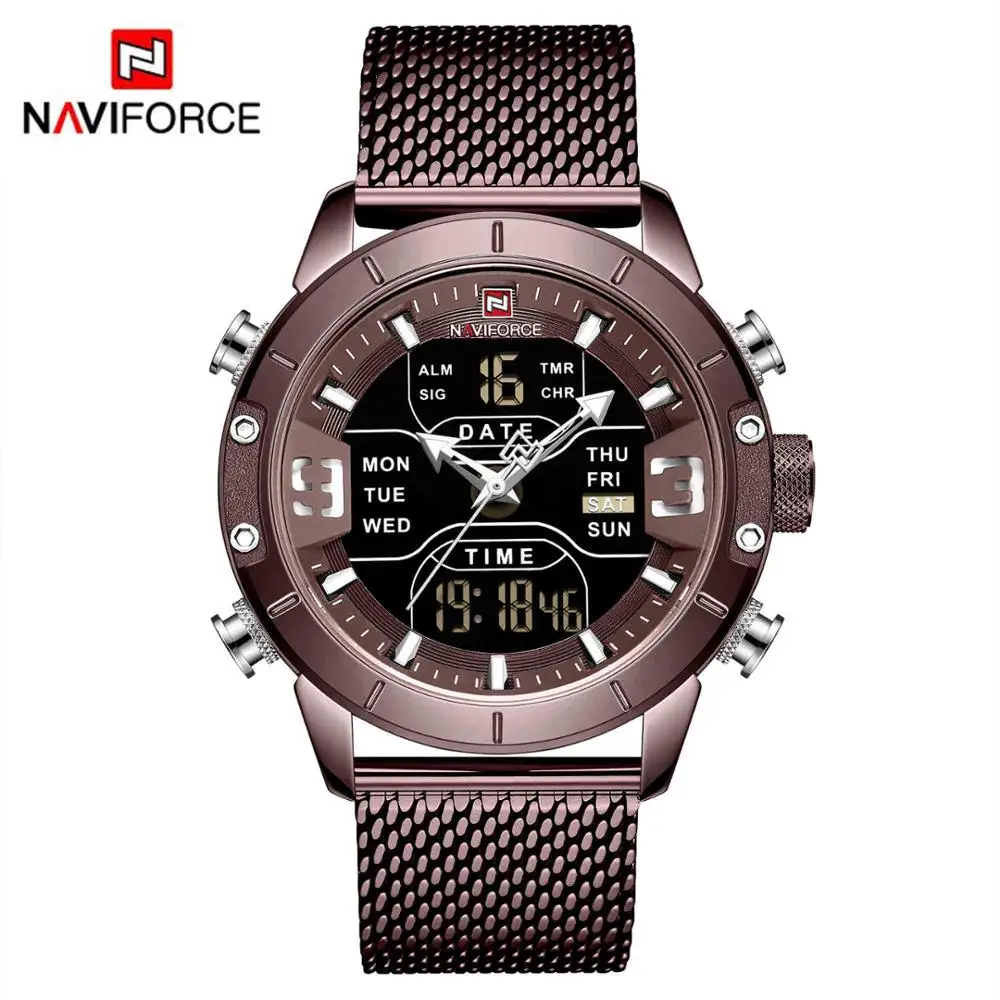 NAVIFORCE 9153 мужские часы милитари для мужчин спортивные часы модные часы водостойкий полный сталь кварцевые повседневное homme Relogio - Цвет: Кофе