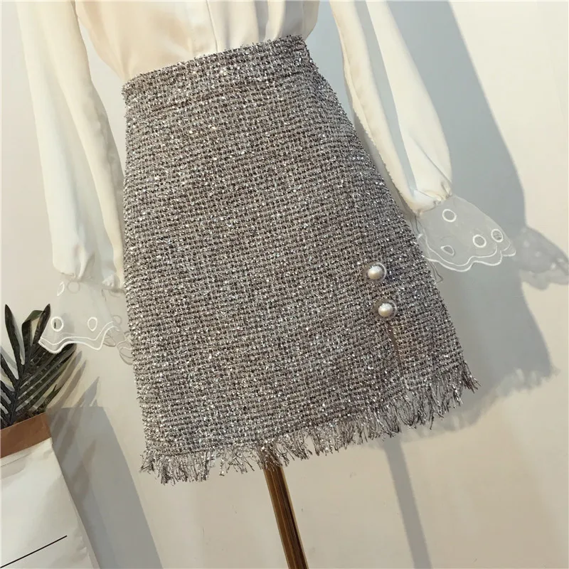 

Cakucool New Silver Lurex Sequins Patch Skirt Women Autumn Winter Basic A-line Skirt Sexy Sweet Bling Luxury Tassels Mini Skirts