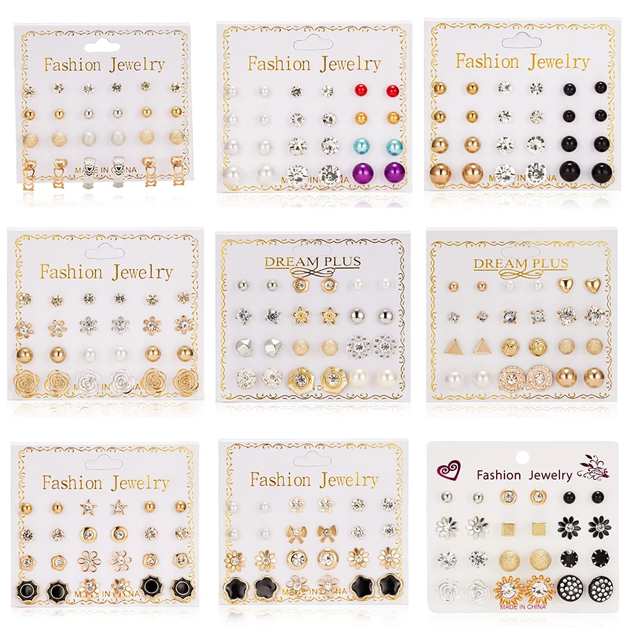 

12 Pairs/set Stud Earrings Set With Card Transparent Zircon Balls Love Flowers Earrings Women Imulated Pearl Earrings Jewelry