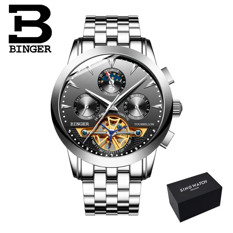 Роскошные Швейцария BINGER бренд для мужчин Self-wind водостойкие полный сталь Автоматические механические мужской моды Tourbillon часы - Цвет: steel silver black