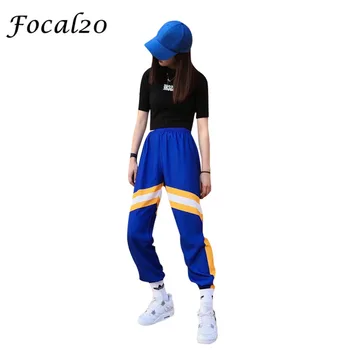 

Focal20 Streetwear Color Stripe Women Pants Hit Color Elastic Waist Loose Pants Full Length Causal Pants Trousers