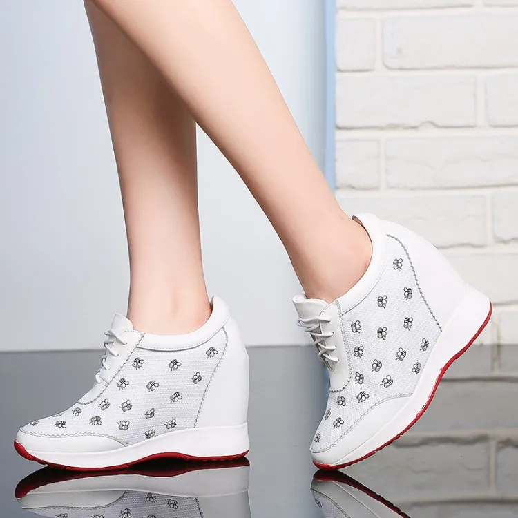 

2019 Women Sneakers Casual Platform Trainers White Shoes 10CM Heels summer Wedges Breathable Woman Height Increasing Shoes