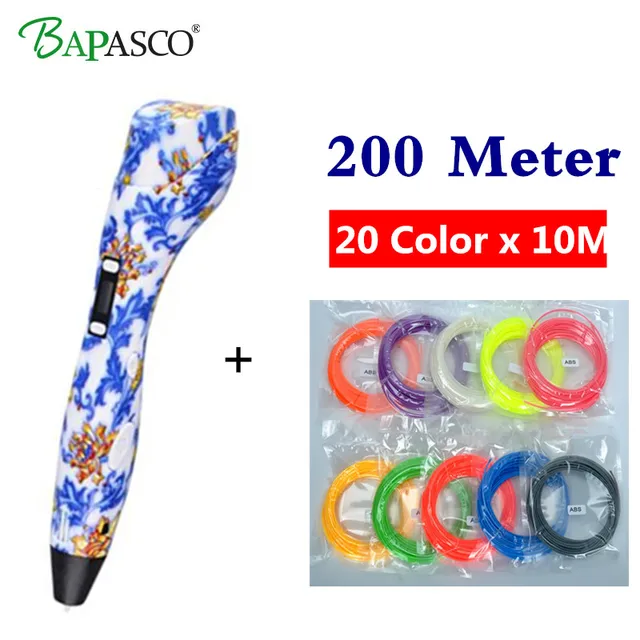 Cheap BAPASCO K3 3D pens Add 200M(20Color) PLA LED Display 3D Printer Pen 5V2A USB Charge Portable Arts 3d pen For Kids Drawing Tools