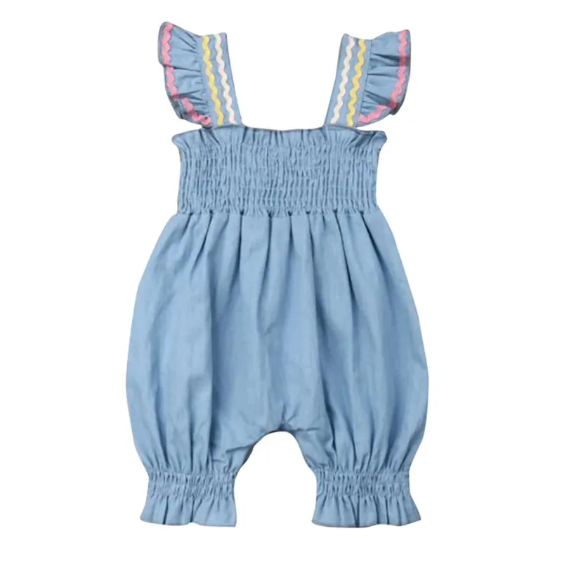 

NewCotton Soild Color V-Neck Pullover Summer Casual Fashion Baby Jumpsuit Girls Sleeveless Ribbon Cowboy Rompers Kids Bodysuit