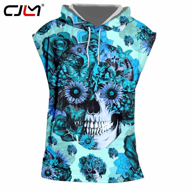 

CJLM 3D Sleeveless Hooded Shirts Mens Fashion Print Floral Skull Casual T-shirt Hombre Hip Hop Punk Style Fitness Undershirts