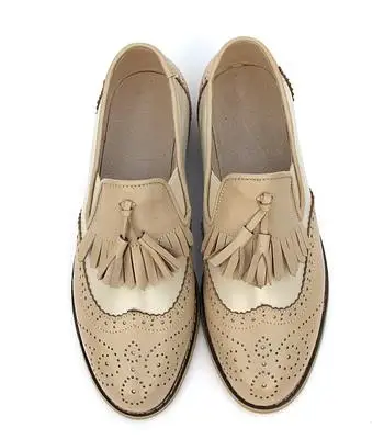 Брендовая обувь Для женщин Пояса из натуральной кожи женские туфли-оксфорды кисточкой дамы Лоферы для женщин bullock Обувь Мокасины броги повседневные туфли на плоской подошве - Цвет: Nude  rice white