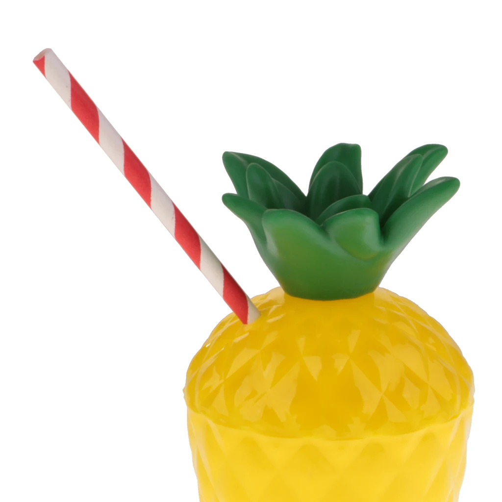 6x Plastic Tropic Pineapple Drinking Cup & Straw Hawaii Luau Beach Party Decor