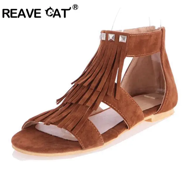 REAVE CAT Big size 34-43 New arrival Fashion Tassel flat Sandals for women Flip-flops and women summer shoes Black Tassel RL1006