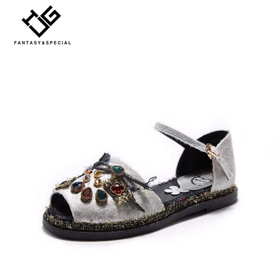 

IGU Bohemia Women Sandals 2019 Summer Horsehair Diamond Beach Women Shoes Crystal Open Toe Ladies Sandals Lady Flat Sandals
