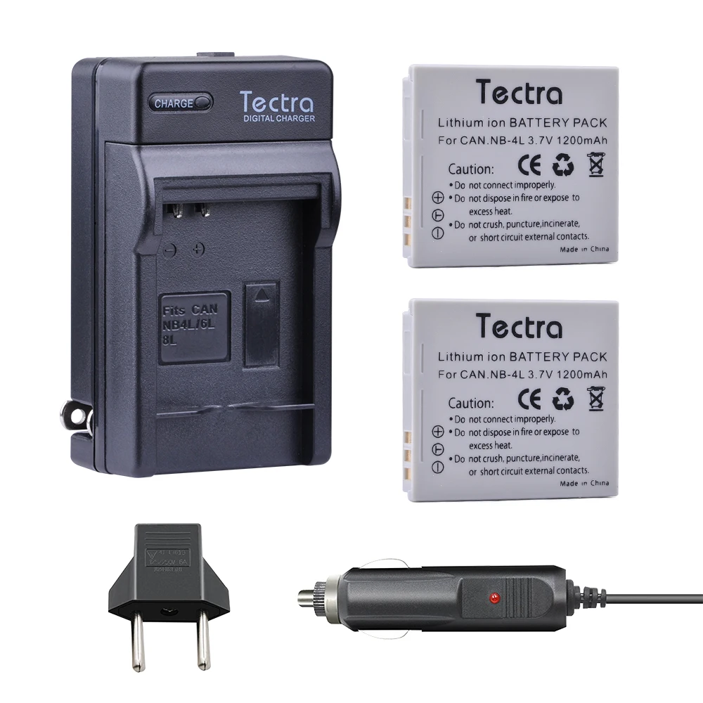 Tectra 2 Pz Nb-4L Nb 4L Batteria Fotocamera Li-Ion + Digital + Caricabatteria Da Auto Plug Per Canon Digital Ixus 100 110 30 Is Ixy Digital 10 Sd300