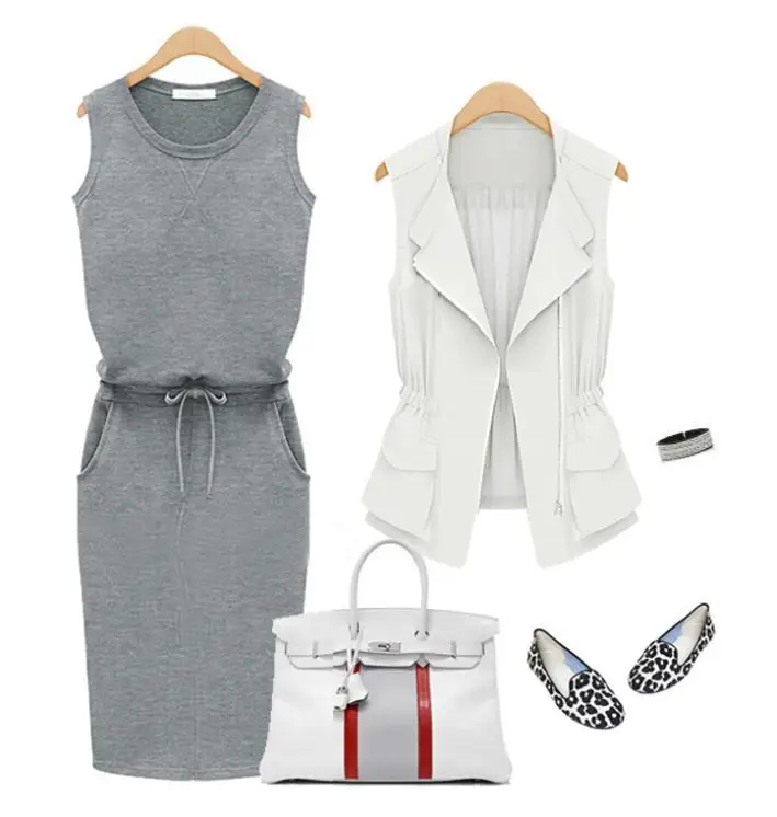 grey Sexy Sleeveless Slim Fit Cotton Dress