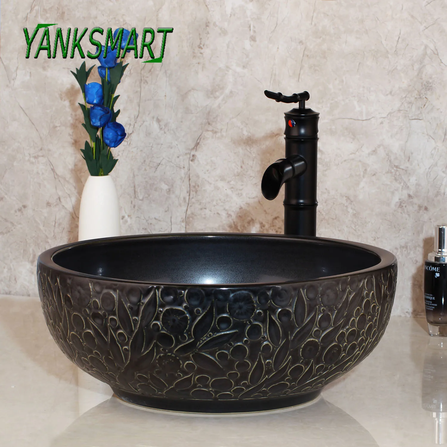 

YANKSMART Handmade Art Ceramic Basin Faucet Set Bathroom Black Faucet Washbasin Sink Tap Mixer Hot & Cold Water Faucet Sets