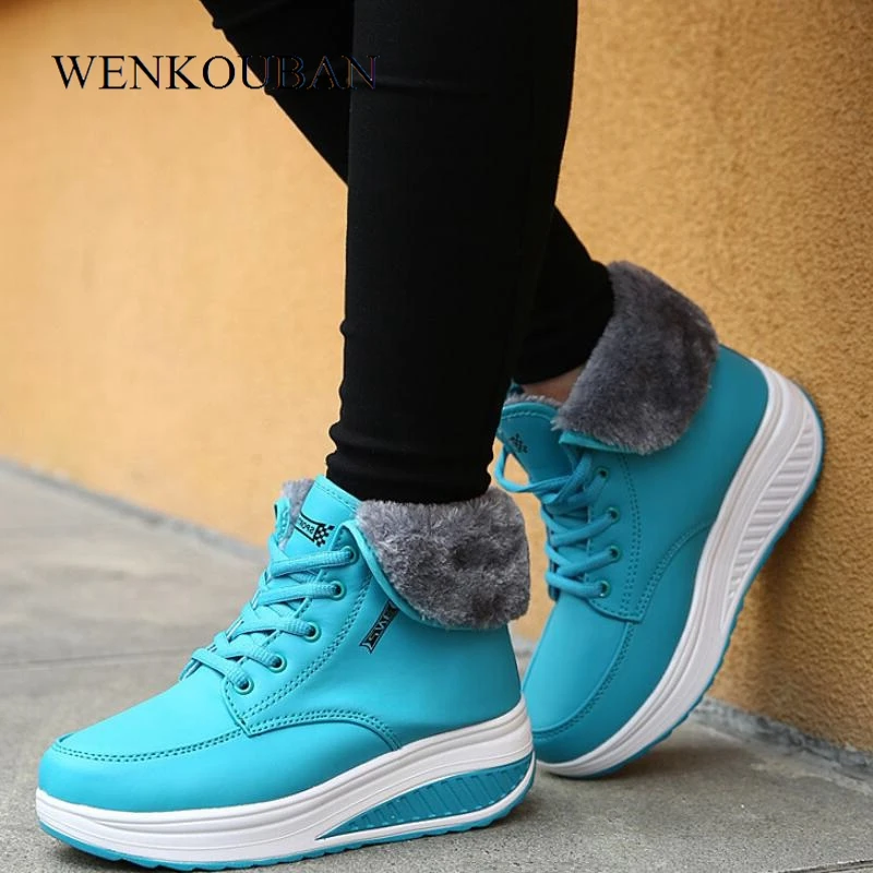 

Designer Winter Boots Women Wedges Platform Sneakers Height Increasing Ladies Snow Ankle Boots Female Lace Up Fur Shoes Botas