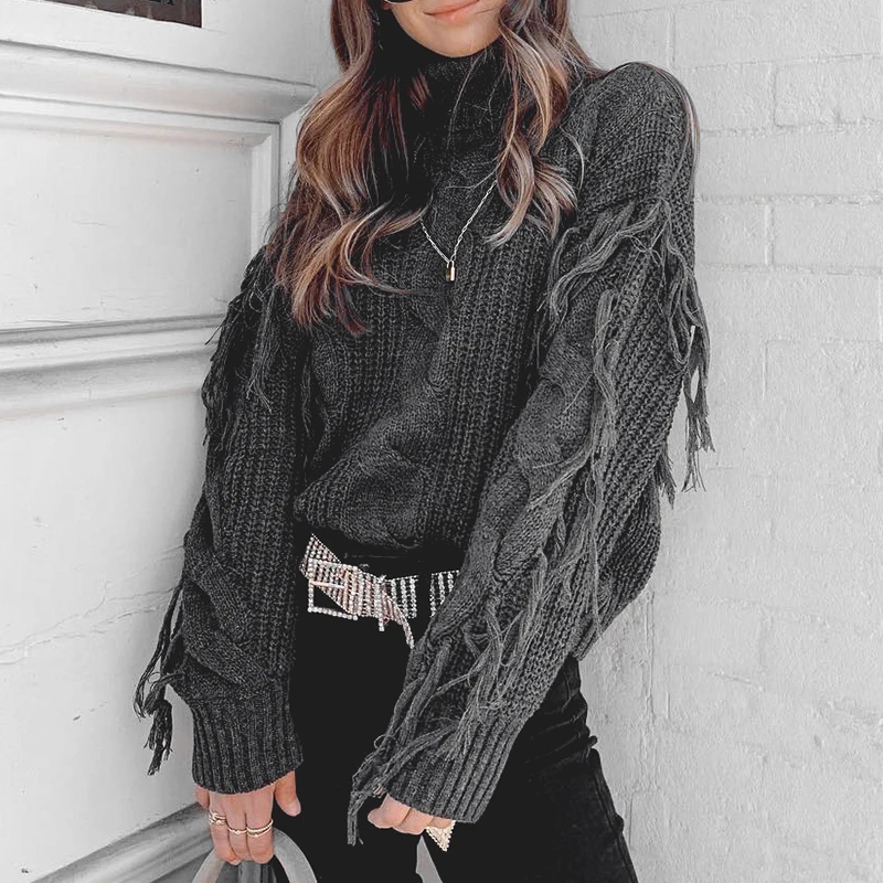 Aartiee Turtleneck Loose chic sweater Autumn winter Casual ladies twist knitted Pullover fringed sweater female Grey tassel