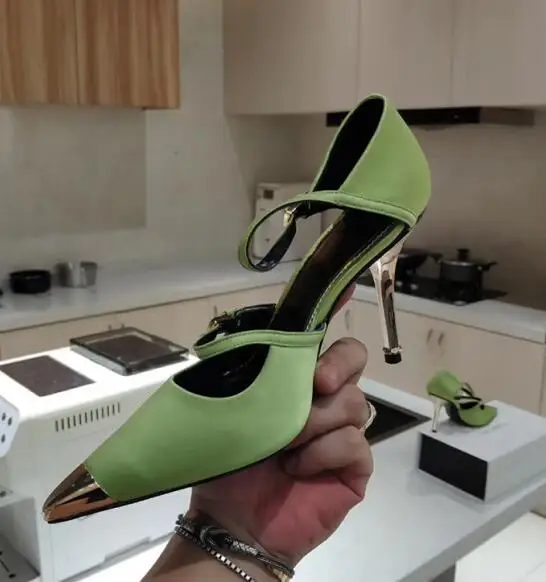 Пикантные Сатиновые туфли mary jane с острым носком; модельные туфли знаменитостей для вечеринки; Женская официальная Свадебная обувь; туфли-лодочки на высоком металлическом каблуке золотистого цвета - Цвет: green