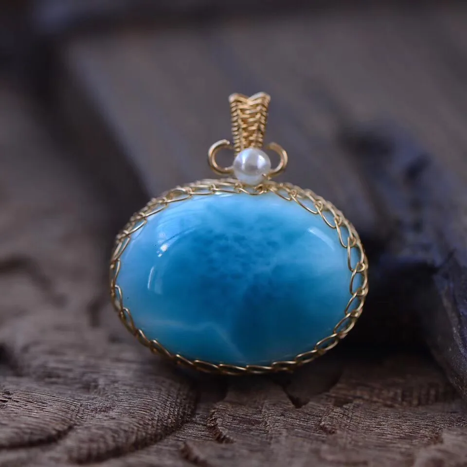 

Natural Blue Larimar Gemstone Pendant Necklace Chain From Dominica Water Pattern 16.5x22.5x11mm Beads Crystal Pendant AAAAA