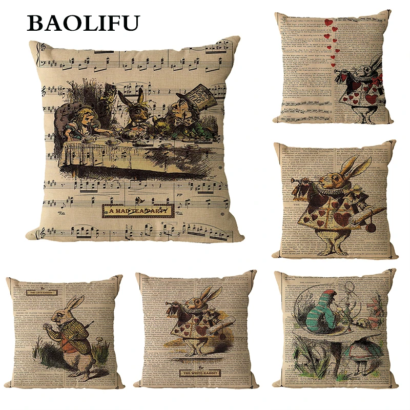 

BAOLIFU pillow case Illustration Cushion Rabbit Newspaper Alice in Wonderland Retro Home Decorative Pillow Cover B031