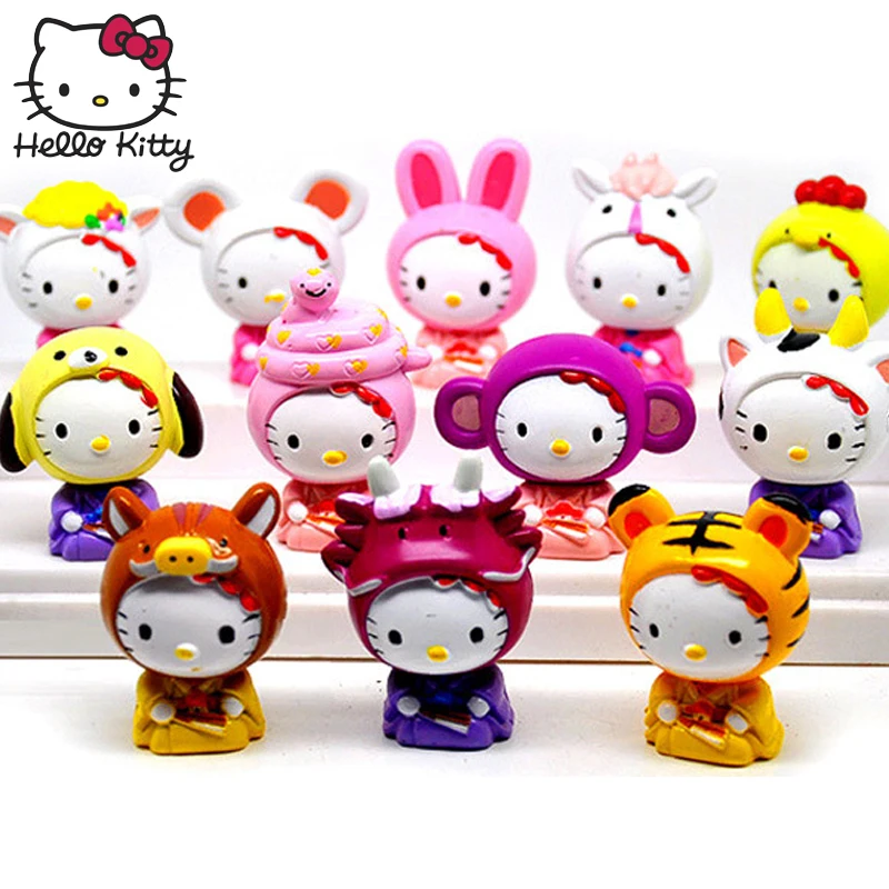 12pcs/set Hello Kitty Figure Toys KT Cat Japanese Anime Figures Gift Limited Edition Toys Collection Gifts Kids Hand to do Car