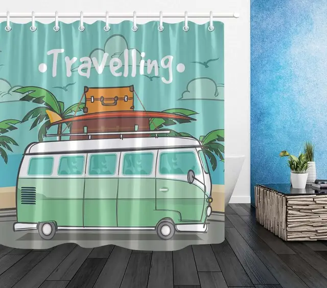 LB Happy Camper Van Shower Curtain Summer Travel Waterproof Polyester
