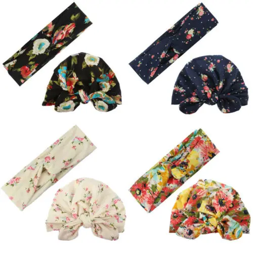 

2pcs Women Kid Baby Girl Elastic Bow Knotted Turban Beanie Hat Headband Headwear