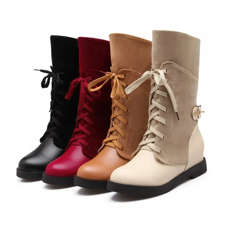 Плюс Большие размеры 34-47; Для женщин сапоги Новая модная обувь на весну, осень и зиму на клиновидном каблуке, визуально увеличивающие рост кожаные сапоги удобные Повседневное Q1