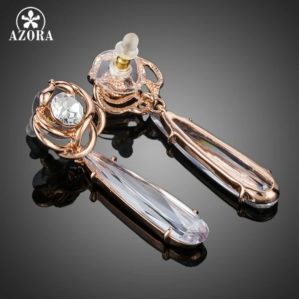 AZORA Elegant Attractive Rose Gold Color Long Clear Cubic Zirconia Water Drop Earrings for Women TE0218