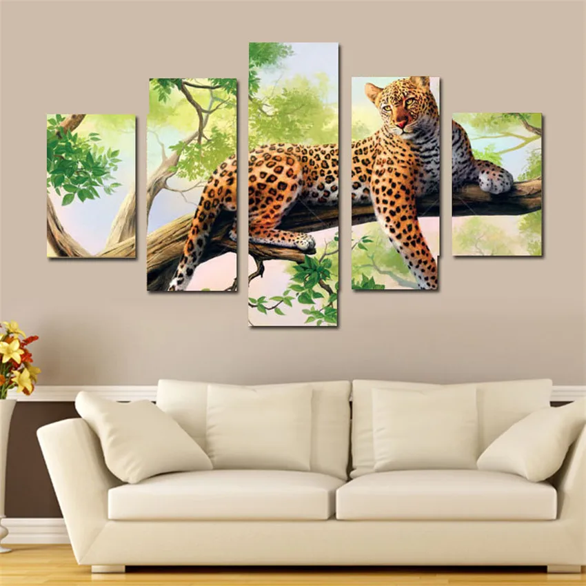 Comprare WEEN 5 Pannello Leopardo Stampe Su Tela Decorazione Della Parete Pinturas Em Telas Un Leopardo Tela di canapa di Arte Cuadros Stampe Murali Per Soggiorno camera
