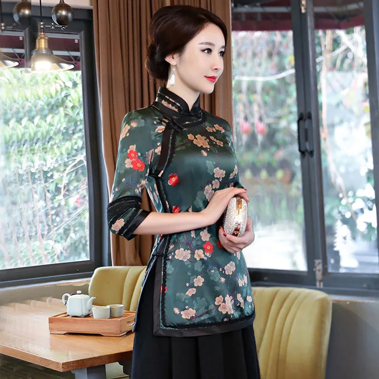 Новая летняя женская рубашка Топы традиционный китайский шелк для женщин блузка Китайский воротник Qipao Mujer Camisa Размер S M L XL XXL XXXL 9962 - Цвет: Зеленый