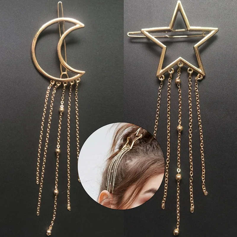 Novelty Hair accessories high quality alloy hollow five pointed star tassel hairpin stars moon