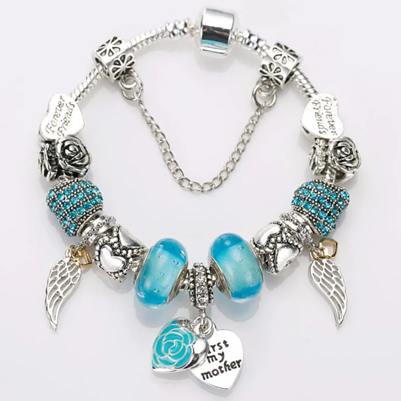 

Fashion Crystal Beads Love Heart&Feather Dangles charm Bracelet & Bangle Fit Diy Pan Braceelt for women Gift