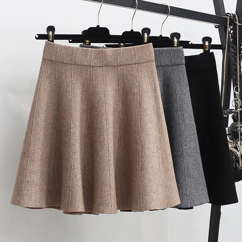 TIGENA Warm Knitted Skirts Womens Autumn Winter Elastic High Waist Pleated Mini Skirt Female Black Khaki Gray Skirt Girls