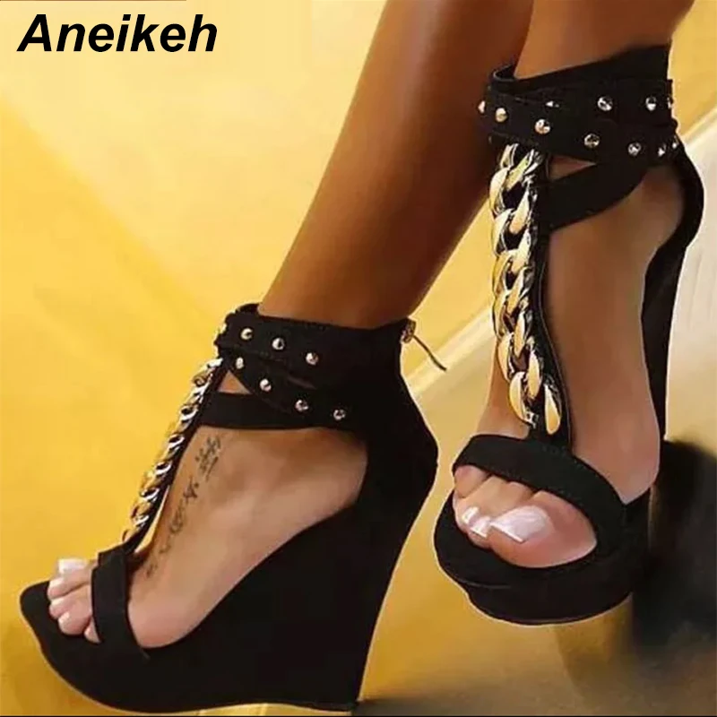 

Aneikeh Women Sandals Wedges Shoes Platform High Heels Sandals Open Toe T-Strap Metal Chain Rivet Ladies Women Gladiator Shoes