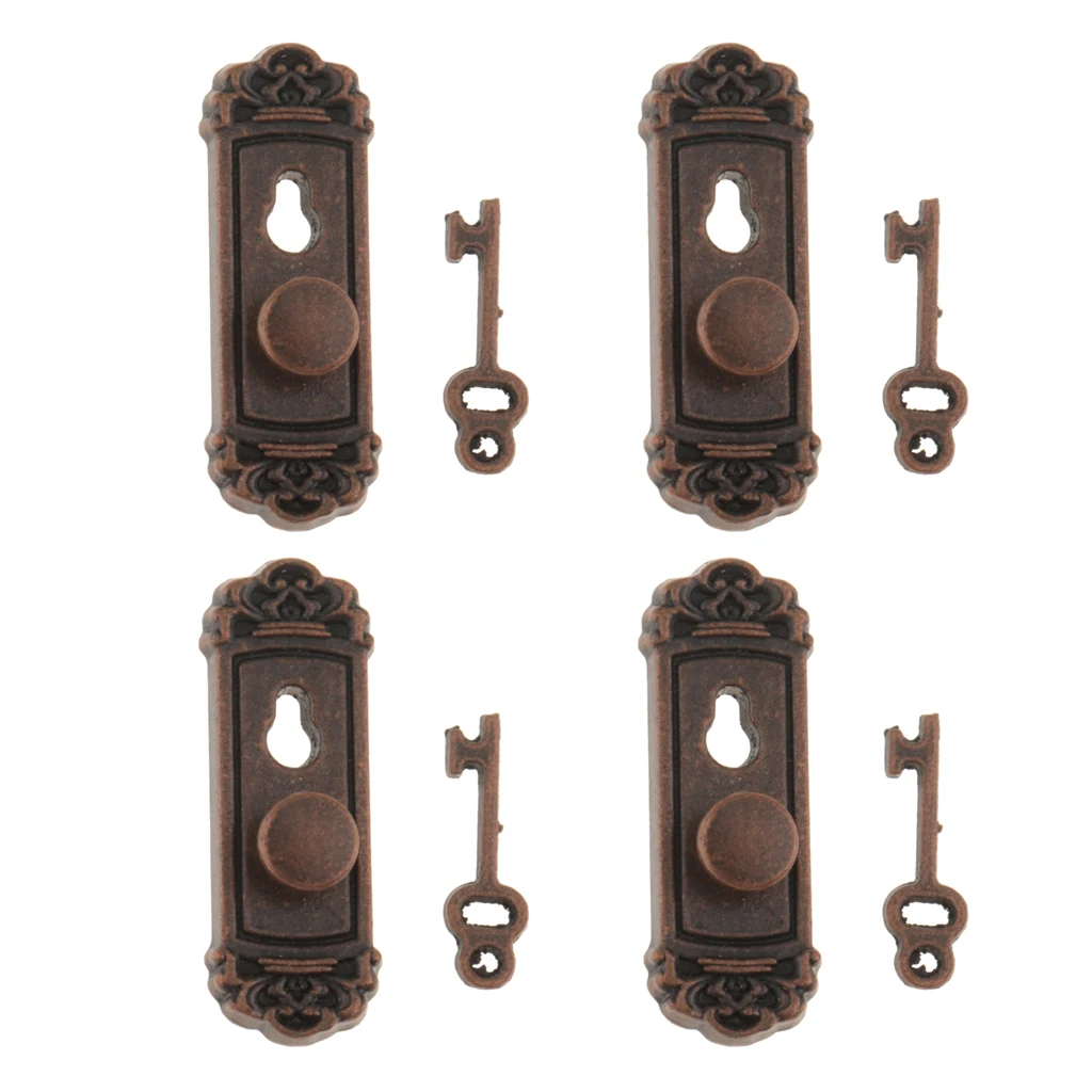 1:12 Scale Metal Door Handle Knob Plate & Key Set Doll House Miniature 4pcs