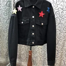 Осень, женский воротник с лацканами, длинный рукав, с аппликацией в виде звезд, с карманами, джинсовая куртка, Топ для женщин/женская куртка с блестками и принтом звезды