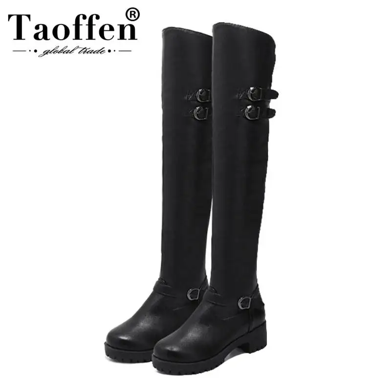 

Taoffen Women Thigh High Boots Zipper Buckle Thick Heels Shoes Solid Color Round Toe Winter Over The Knee Boots Size 34-43