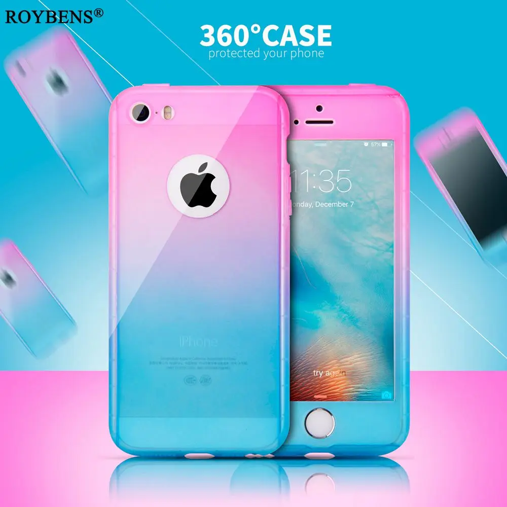 Roybens Colorful 360 Full Coverage Phone Cases Tempered Glass Hard PC Cover Ultra Thin Fundas for iPphone 5 5S 6 6S 7 Plus Case |
