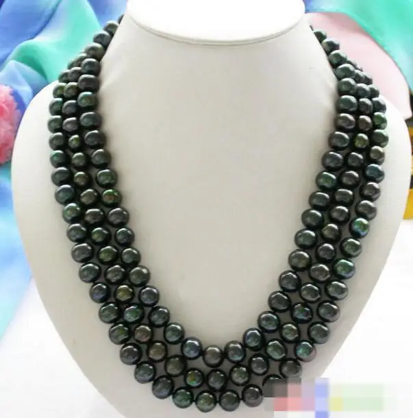 

FREE SHIPPING>@@> 3763 3row peacock black freshwater pearl necklace mabe clasp