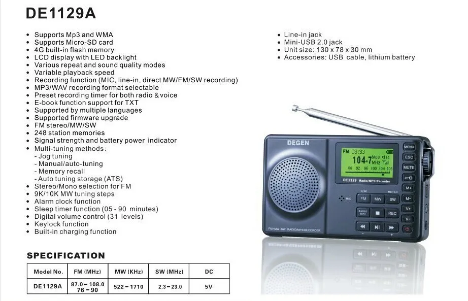 Degen DE1129 FM MW SW DSP ATS 4 Гб MP3 плеер цифровой рекордер портативный интеллектуальный многофункциональный светодиодный радио