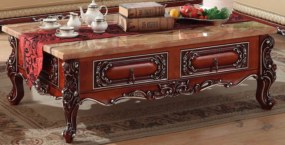 Engrave retro wooden coffee table storage drawer marble top made in China Engrave retro wooden coffee table storage drawer marble top made in China