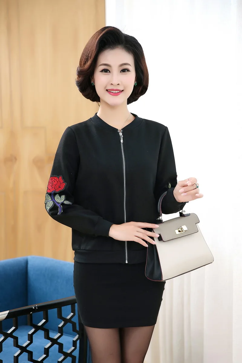 WAEOLSA Womens Casual Bomber Jacket Middle Aged Woman Black Short Coat Embroidery Outerwear Autumn Mother Jacket Zipper Front (20)