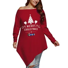 Wipalo размера плюс 5XL Рождественская Асимметричная футболка с косой шеей, Повседневная Рождественская футболка с длинным рукавом и открытыми плечами, женские топы Осень-зима