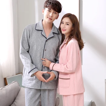 

Pajamas Sets Couples Cotton Pure Colour Fashion Women Long Sleeve Sleepwear Suit 2 piece Sexy Autumn Winter Home Lounge Gift