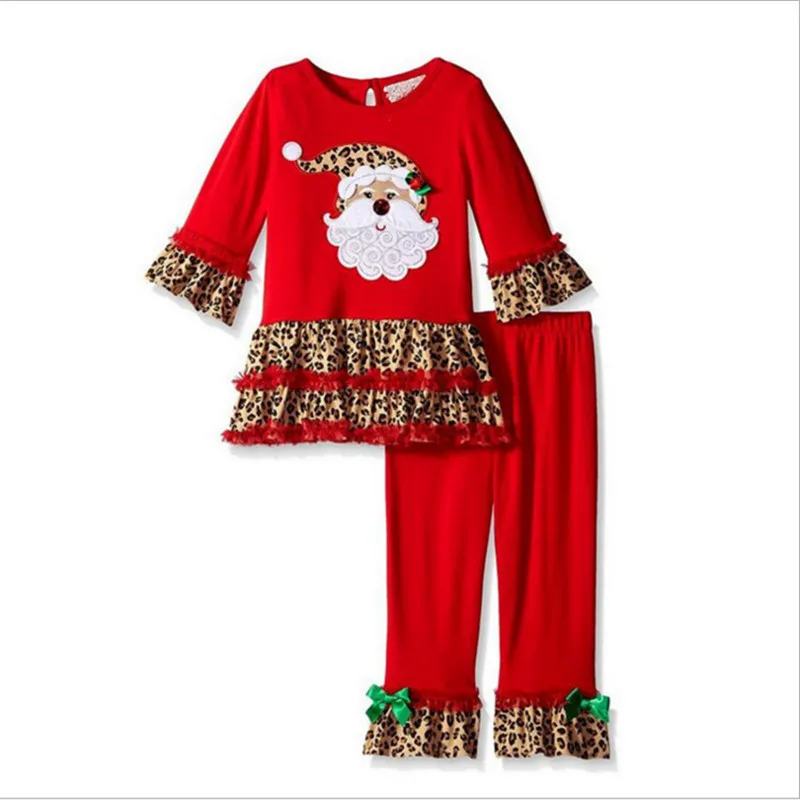 

European and American children's clothes one hair 2018 Christmas outfit girl pure cotton Santa Claus head coat leopard edge pant
