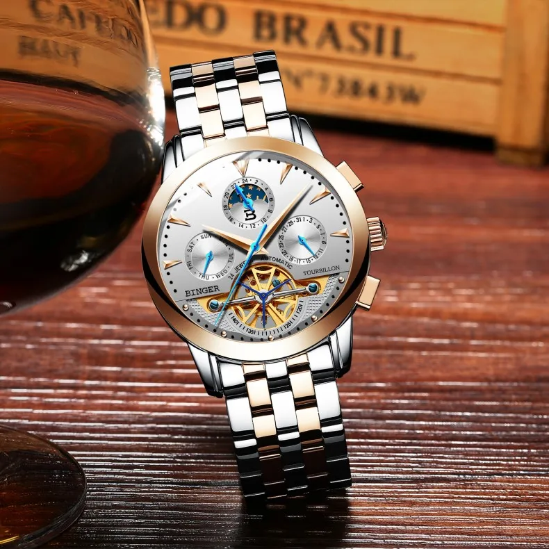 Швейцарские роскошные механические часы Бингер, автоматические мужские часы с турбийоном, 24 часы с календарем и сапфиром, часы со скелетом